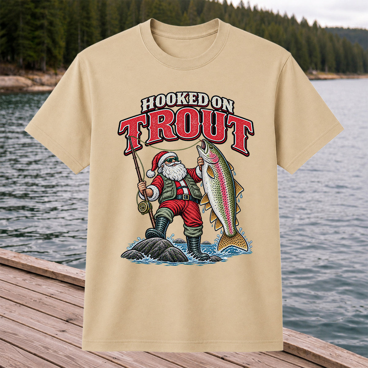 Hooked on Trout Santa Claus Rainbow Trout Christmas Fishing T-Shirt