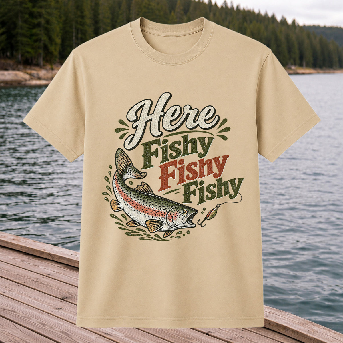 Here Fishy Fishy Rainbow Trout Fishing T-Shirt