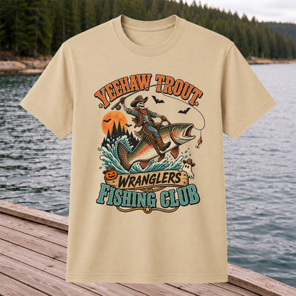 Yeehaw Trout Wranglers Fishing Club Halloween Skeleton Cowboy T-Shirt