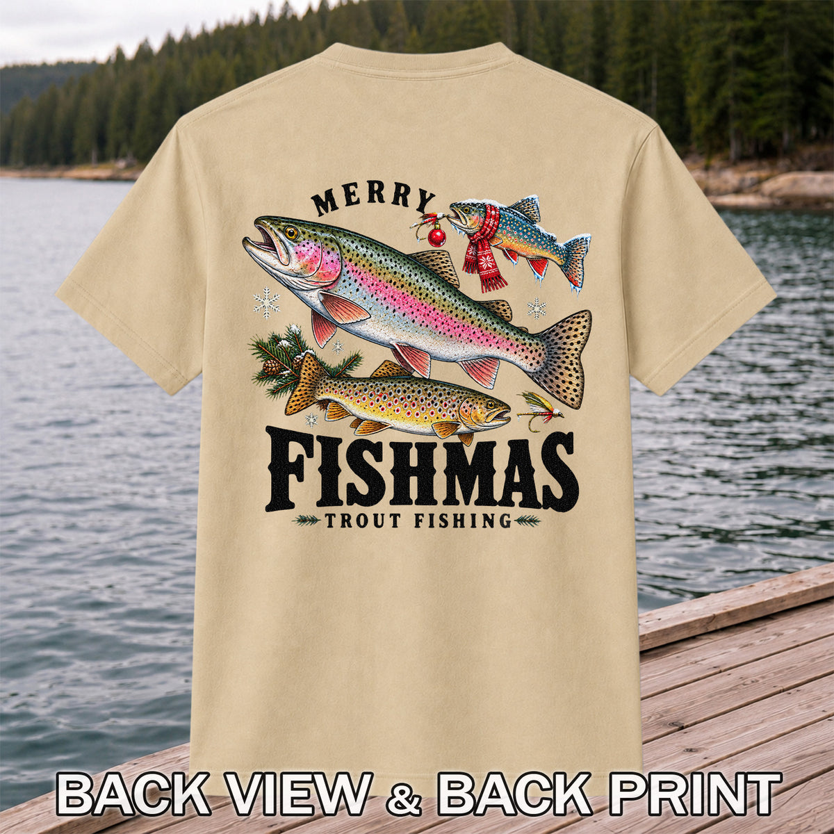 Merry Fishmas Trout Fishing Christmas Graphic T-Shirt | Back Print