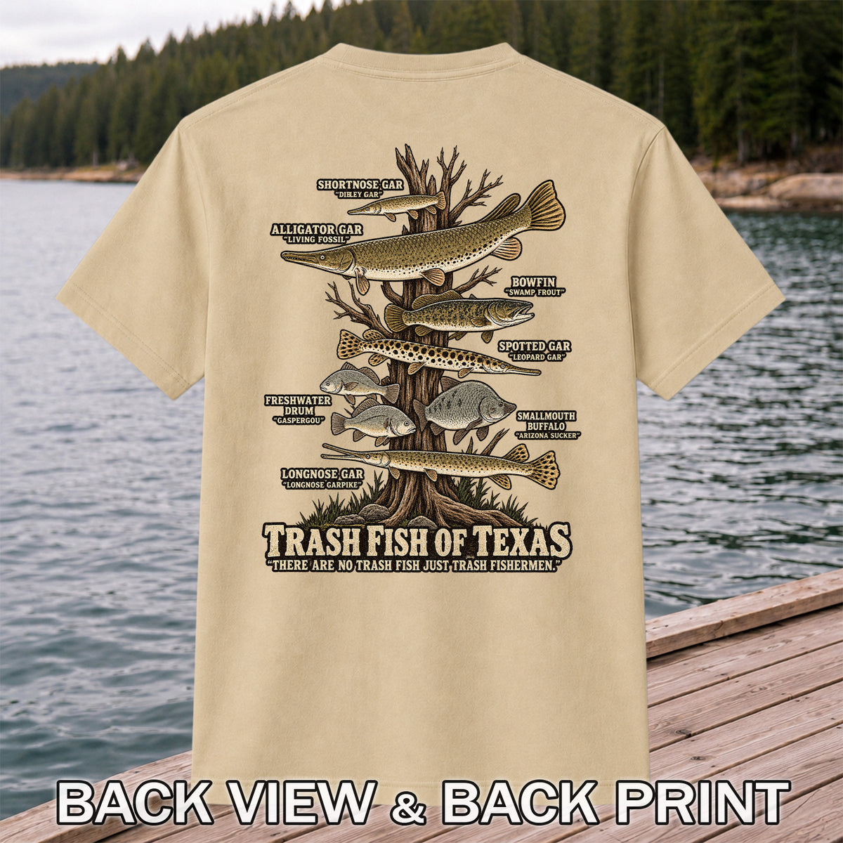 Trash Fish of Texas Gar and Freshwater Fish Graphic T-Shirt | Back Print