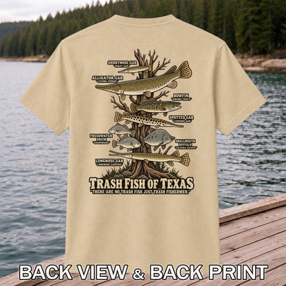 Trash Fish of Texas Gar and Freshwater Fish Graphic T-Shirt | Back Print