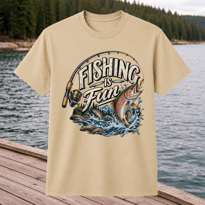 Fishing Is Fun Rainbow Trout and Mountain Graphic T-Shirt
