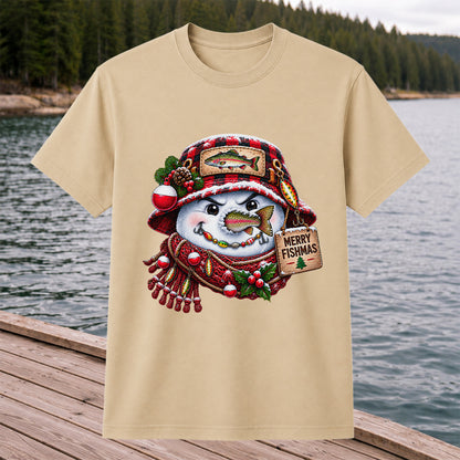 Merry Fishmas Snowman with Rainbow Trout Christmas Fishing T-Shirt