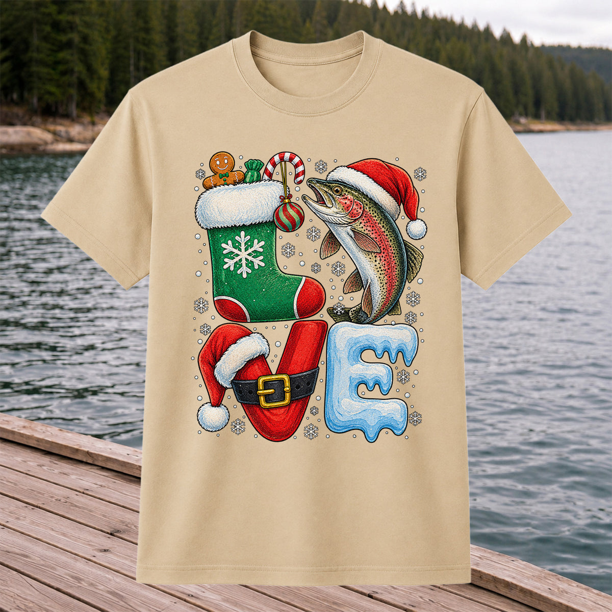 Christmas LOVE Rainbow Trout and Stocking Fishing Graphic T-Shirt