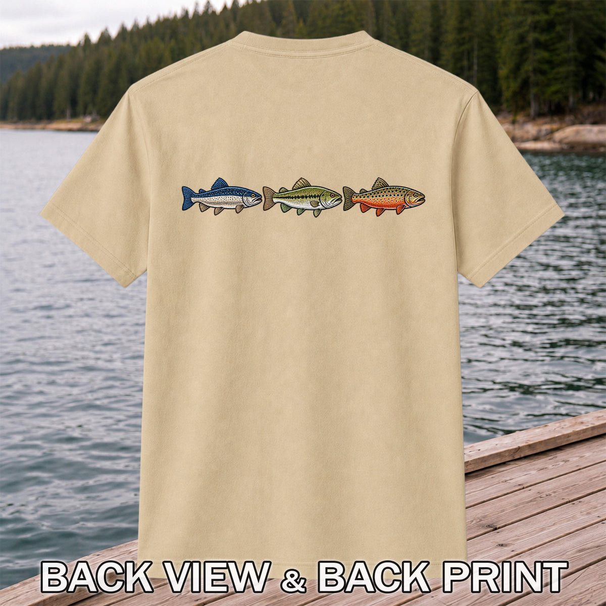 Trout and Bass Trio Minimalist Fishing Graphic T-Shirt | Back Print