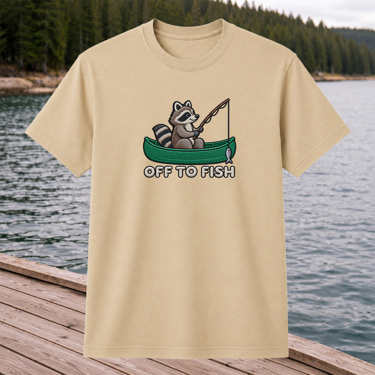 Off to Fish Raccoon in a Canoe Funny Fishing Graphic T-Shirt