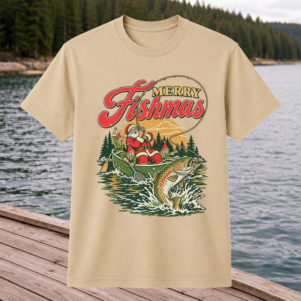 Merry Fishmas Santa and Elves Trout Fishing Christmas T-Shirt