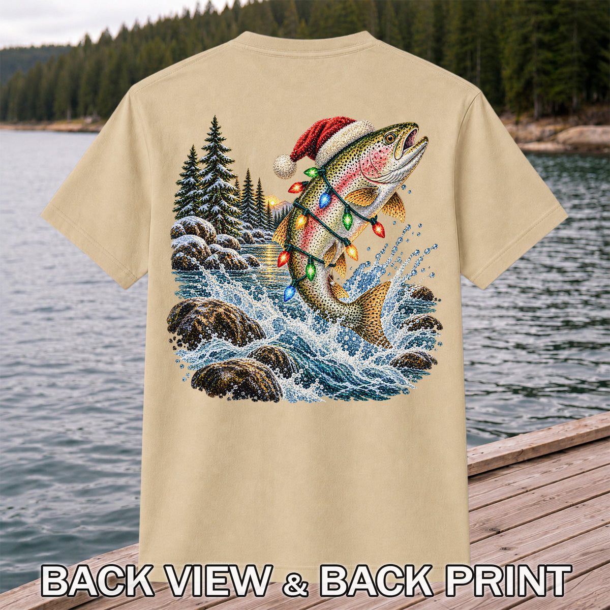 Santa Hat Rainbow Trout Christmas Fishing Graphic T-Shirt | Back Print