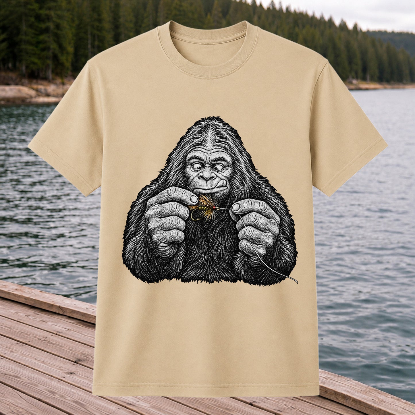 Bigfoot Tying a Fly Fishing Lure Graphic T-Shirt