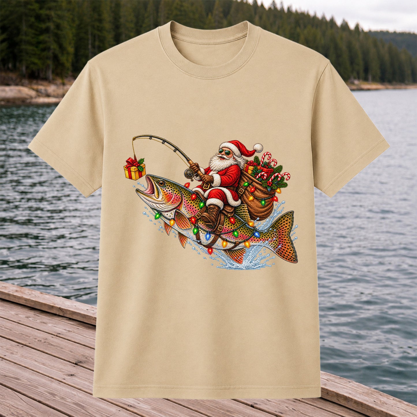Santa Riding a Rainbow Trout Christmas Fishing Graphic T-Shirt