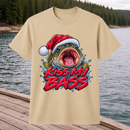 Kiss My Bass Santa Hat Funny Christmas Fishing T-Shirt