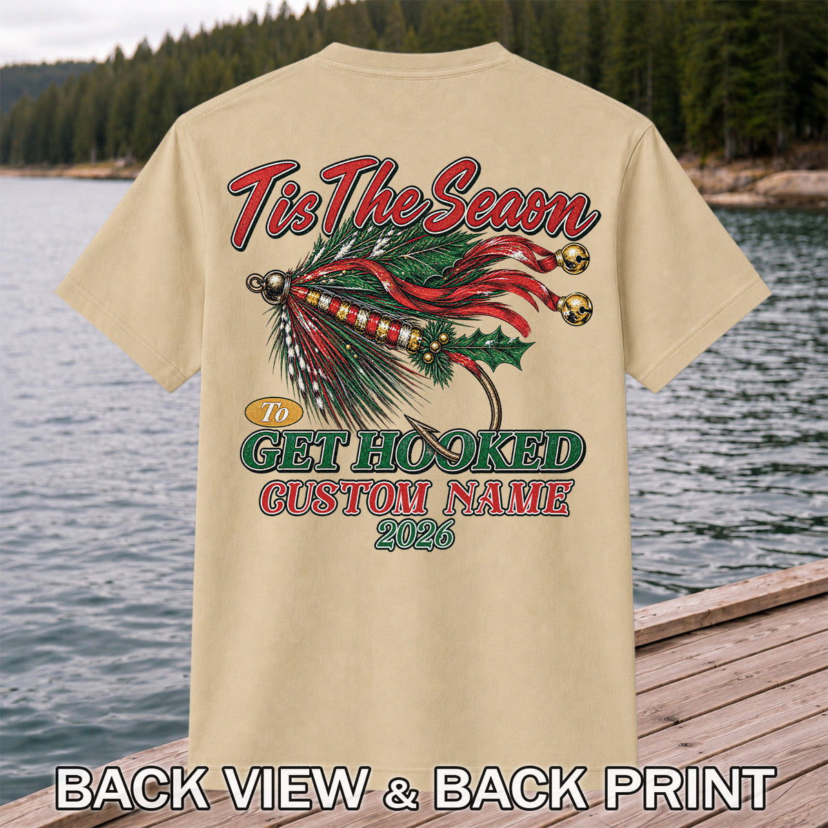 Personalized Christmas Fly Fishing Custom Name T-Shirt | Back Print