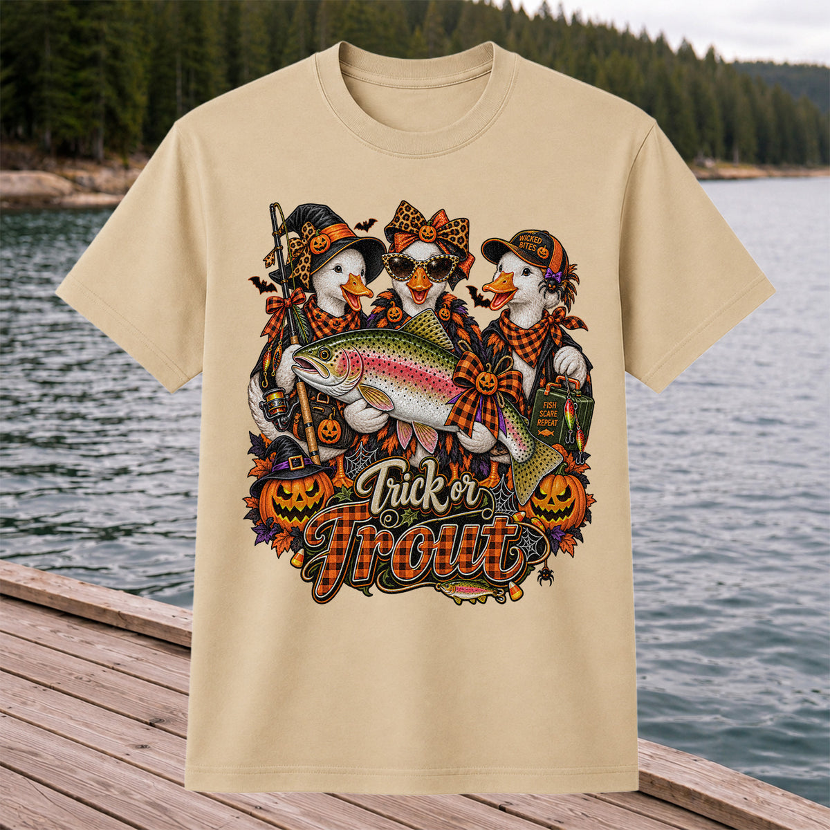 Trick or Trout Halloween Ducks with Rainbow Trout and Pumpkins Fishing T-Shirt