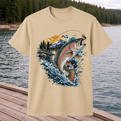 Leaping Rainbow Trout Mountain River Fly Fishing Graphic T-Shirt
