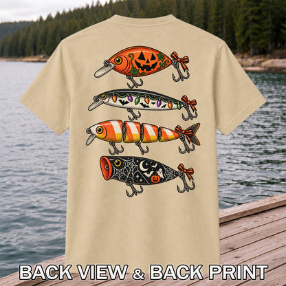Halloween Fishing Lures with Pumpkin, Ghost and Candy Corn Graphic T-Shirt | Back Print