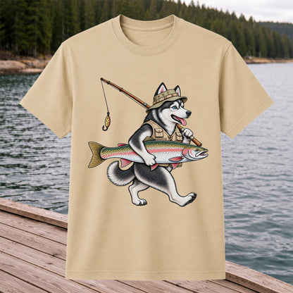 Husky Holding Rainbow Trout Fishing Graphic T-Shirt