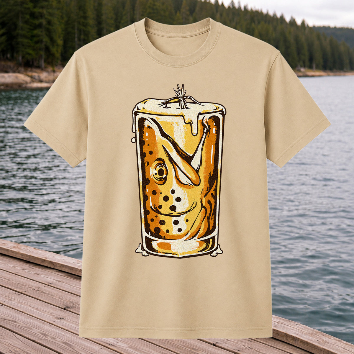 Vintage Trout in a Beer Glass Fishing Graphic T-Shirt