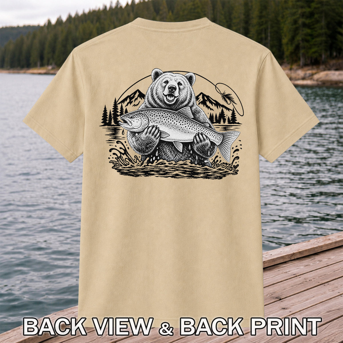 Bear Holding Trout in Mountain Lake Fishing Graphic T-Shirt | Back Print