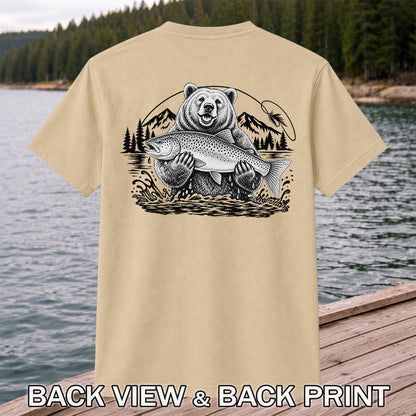 Bear Holding Trout in Mountain Lake Fishing Graphic T-Shirt | Back Print