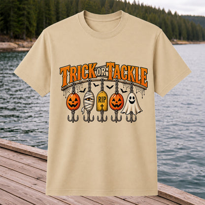 Trick or Tackle Pumpkin Ghost and Mummy Fishing Lures Halloween T-Shirt