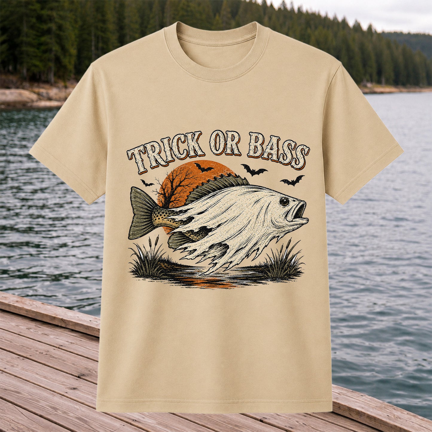 Trick or Bass Halloween Fishing T-Shirt, Vintage Trout Angler Tee