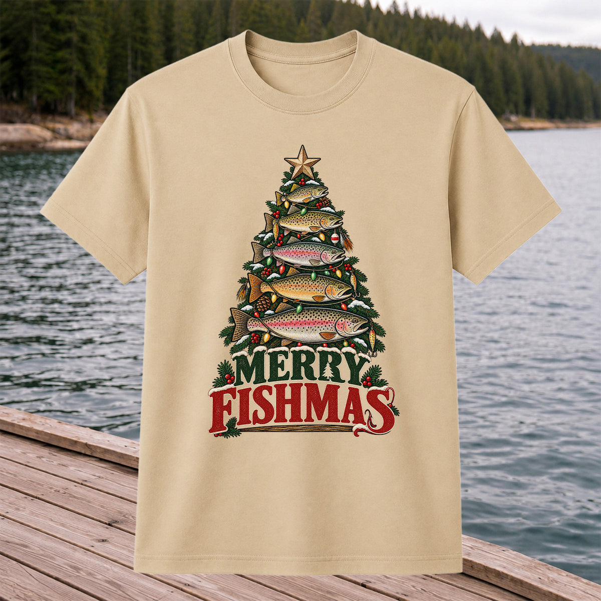 Merry Fishmas Trout Christmas Tree Fishing T-Shirt