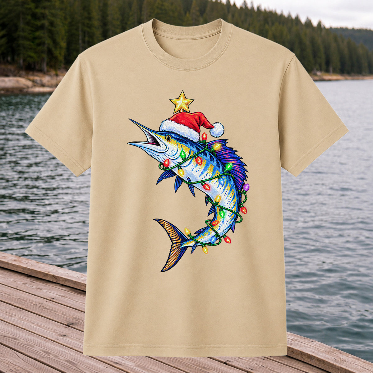 Christmas Marlin Wrapped in Lights Fishing T-Shirt