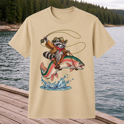 Cowboy Raccoon Riding a Rainbow Trout Fishing Graphic T-Shirt