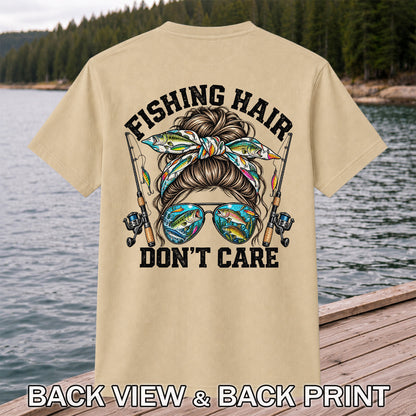 Fishing Hair Don't Care Messy Bun and Sunglasses T-Shirt | Back Print