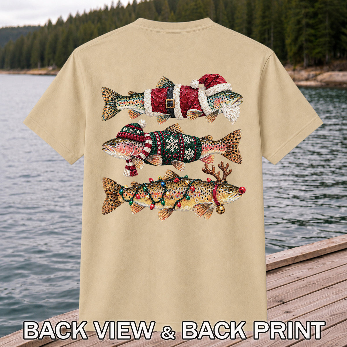 Christmas Trout Fishing Graphic T-Shirt with Festive Fish Artwork | Back Print