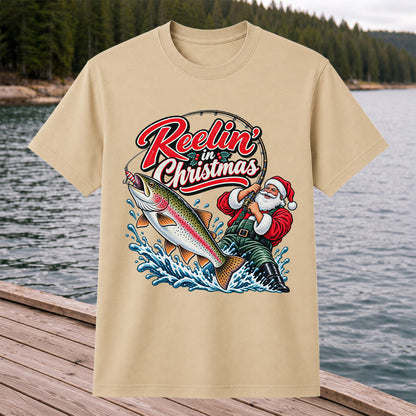 Reelin' in Christmas Santa Rainbow Trout Fishing T-Shirt