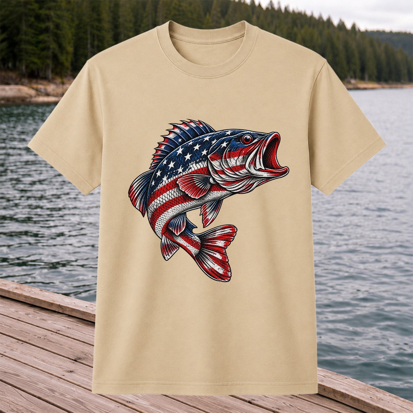 American Flag Largemouth Bass Patriotic Fishing Graphic T-Shirt