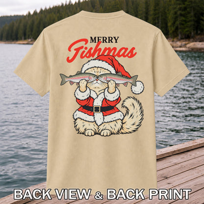 Santa Cat Holding Trout Merry Christmas Fishing T-Shirt | Back Print