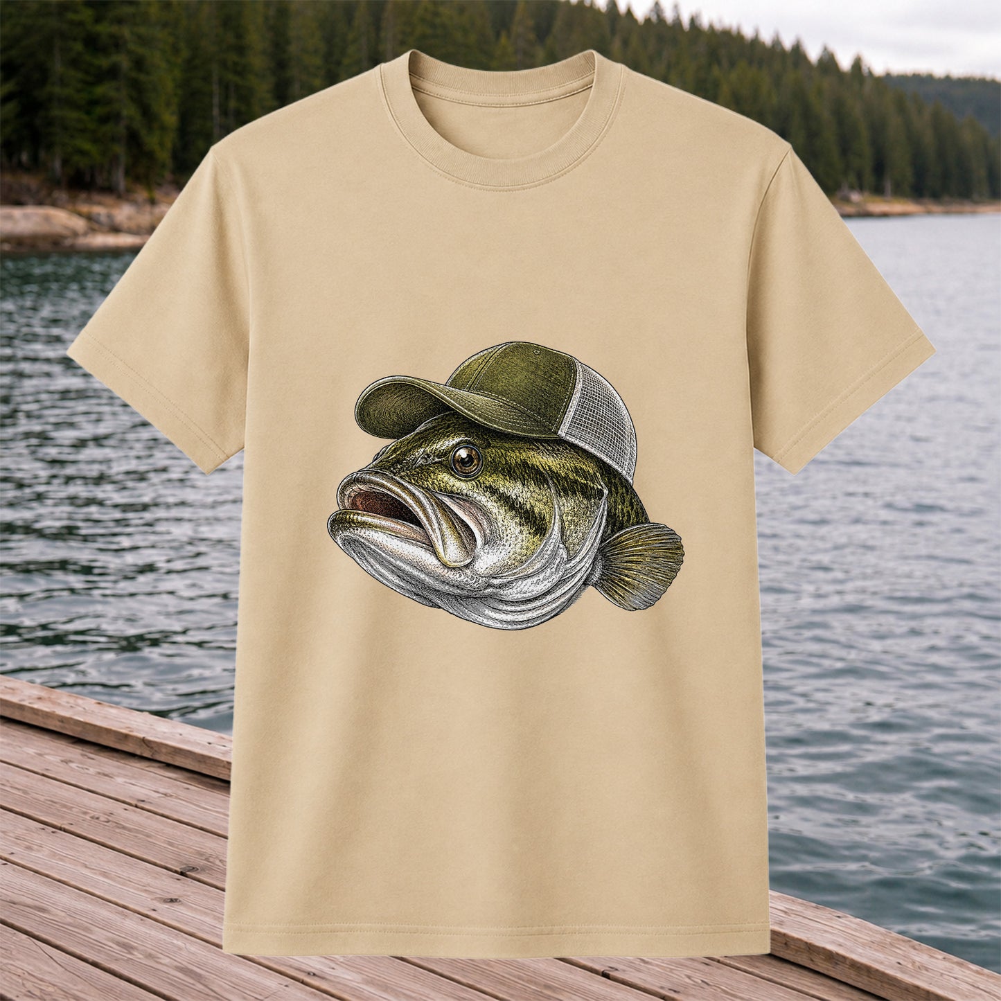 Bass Wearing Trucker Hat Fishing Graphic T-Shirt