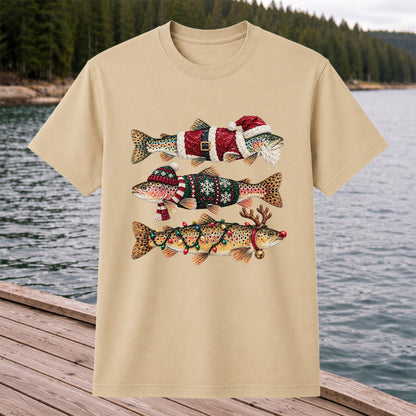 Christmas Trout Fishing Graphic T-Shirt with Festive Fish Artwork