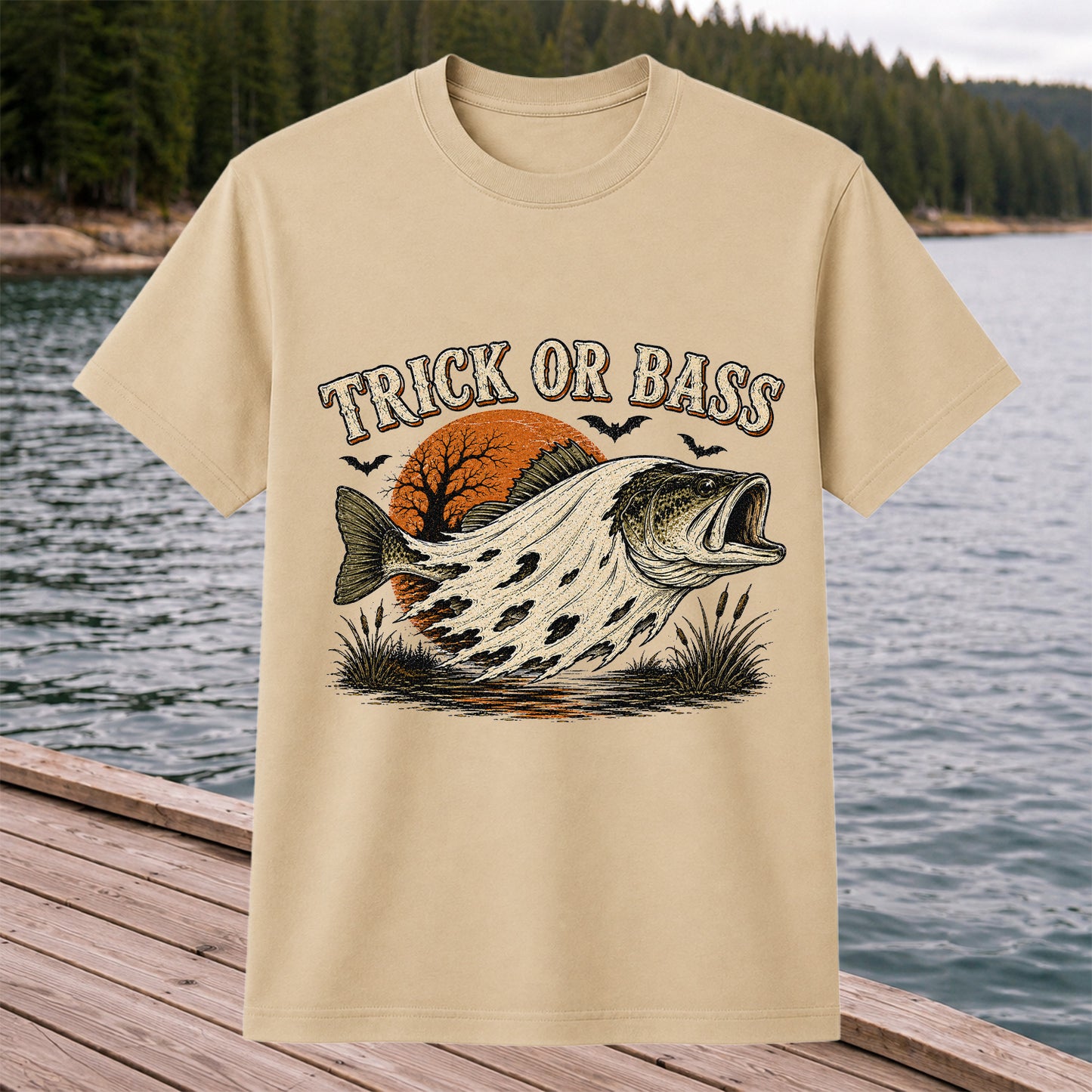 Trick or Bass Boo Halloween Fishing T-Shirt, Vintage Trout Angler Tee