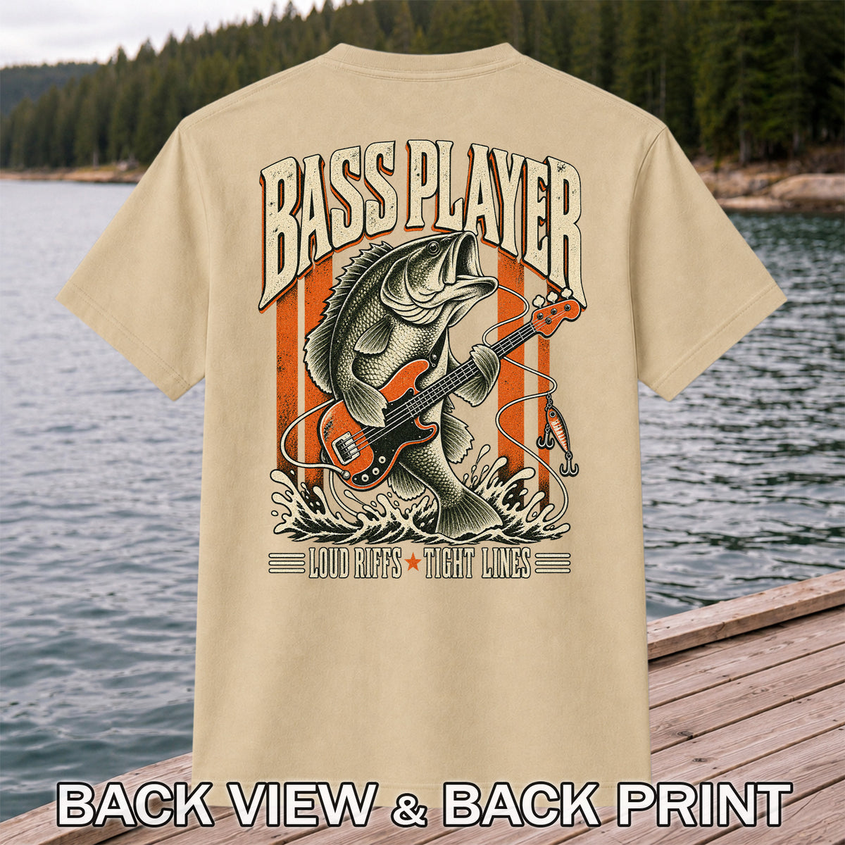 Bass Playing Guitar Vintage Fishing Graphic T-Shirt | Back Print