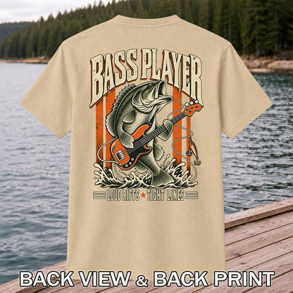 Bass Playing Guitar Vintage Fishing Graphic T-Shirt | Back Print