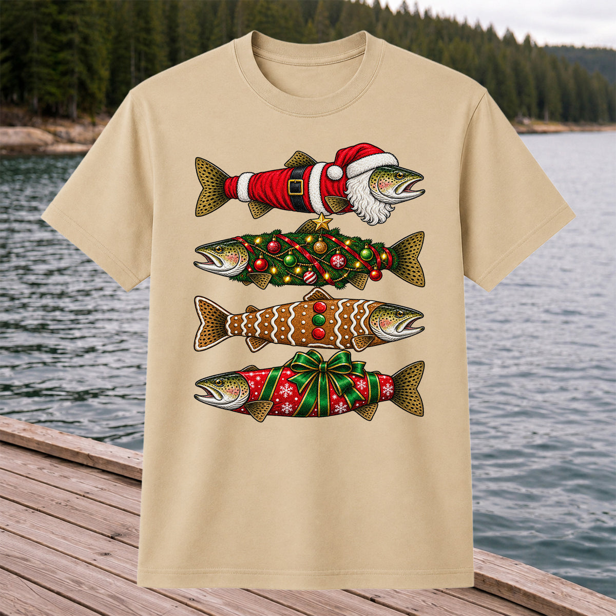 Festive Christmas Trout Santa and Gingerbread Fishing T-Shirt