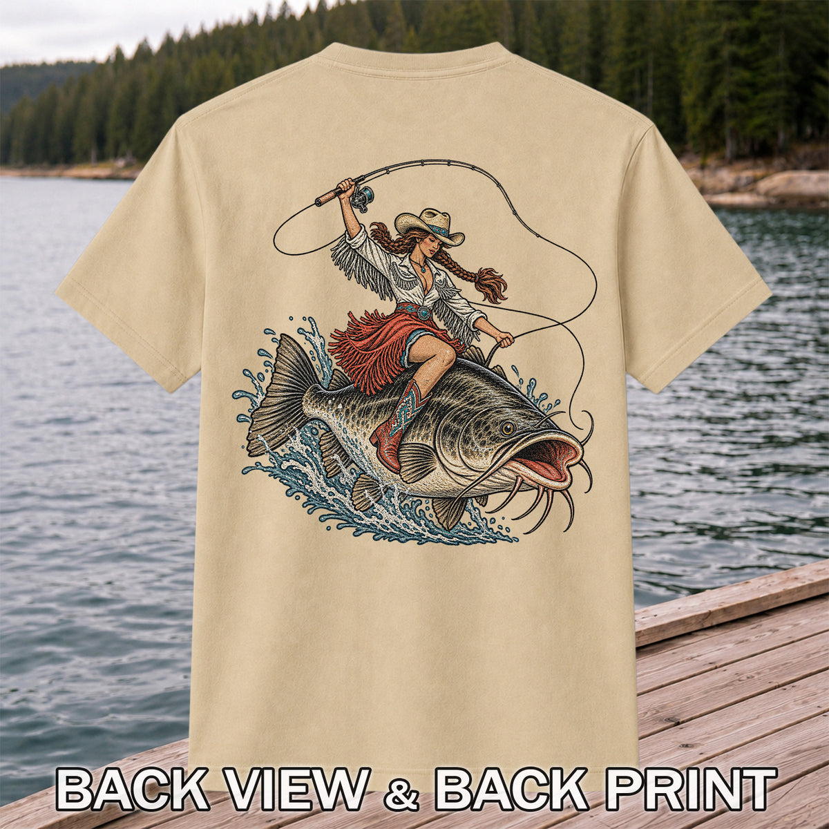 Cowgirl Riding a Largemouth Bass Fishing Graphic T-Shirt | Back Print