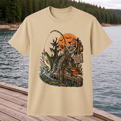 Bad Catches Better Days Skeleton and Bass Halloween Fishing T-Shirt
