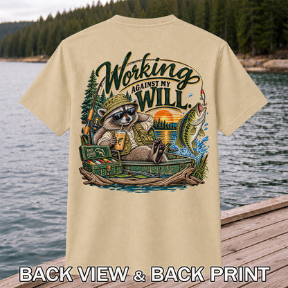 Working Against My Will Raccoon Bass Fishing T-Shirt | Back Print