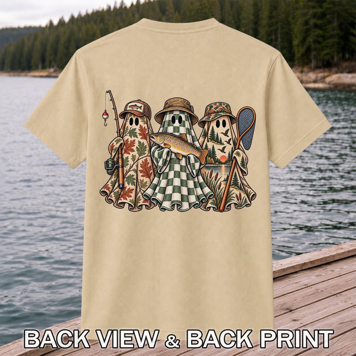 Autumn Ghost Trio with Brown Trout Halloween Fishing T-Shirt | Back Print