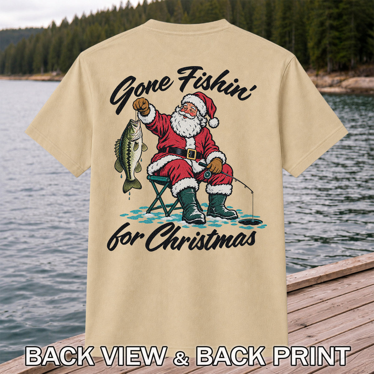 Santa Fishing with Bass Christmas Graphic T-Shirt | Back Print