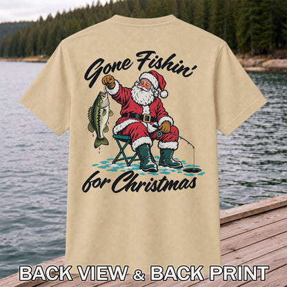 Santa Fishing with Bass Christmas Graphic T-Shirt | Back Print