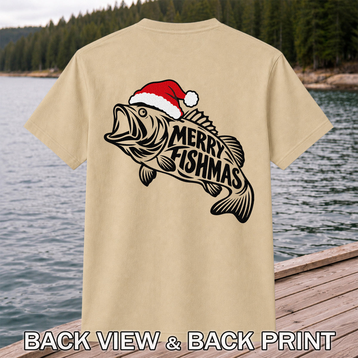 Santa Hat Fish Christmas Fishing Graphic T-Shirt | Back Print