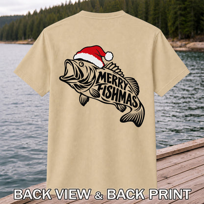 Santa Hat Fish Christmas Fishing Graphic T-Shirt | Back Print