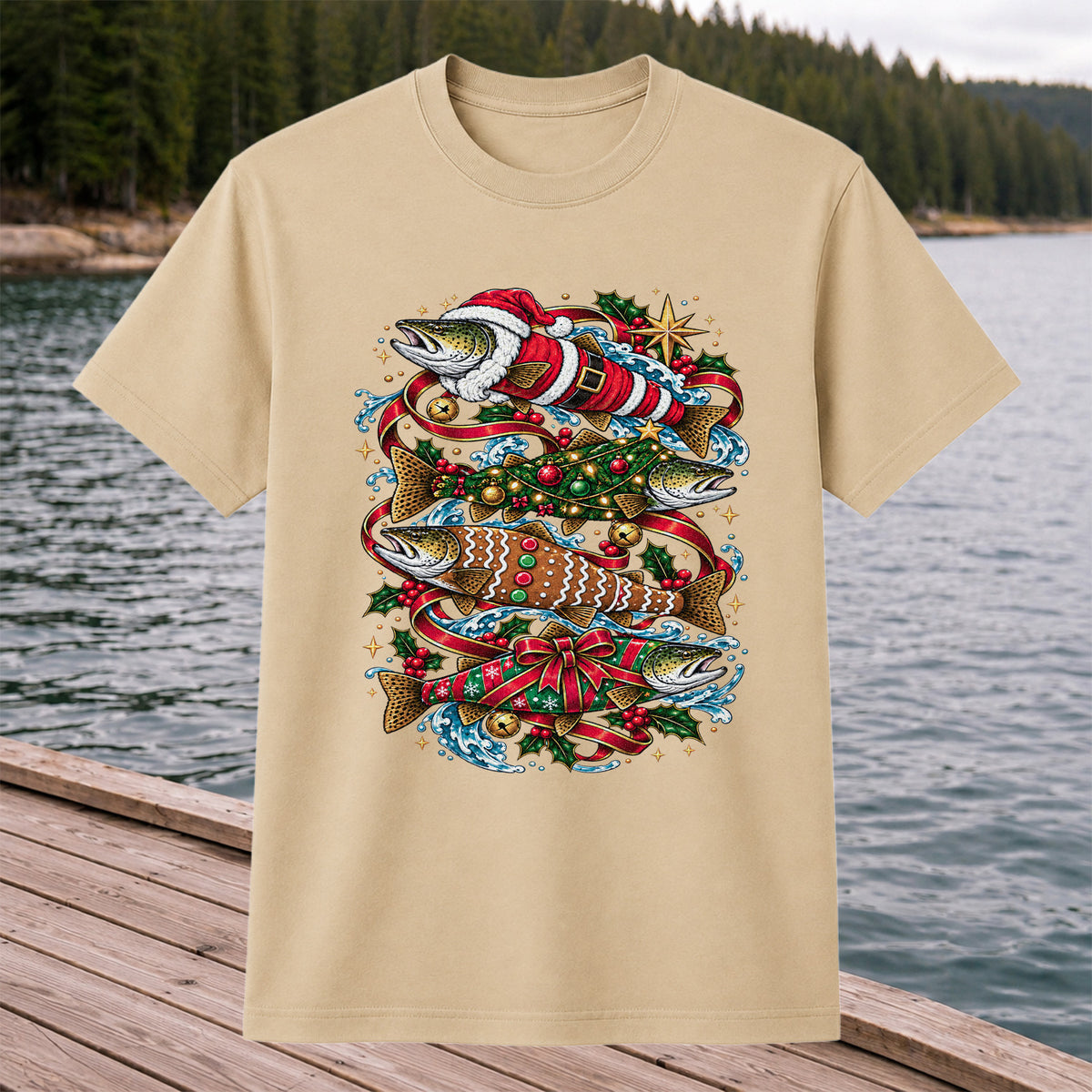 Santa and Gingerbread Trout Christmas Fishing Graphic T-Shirt