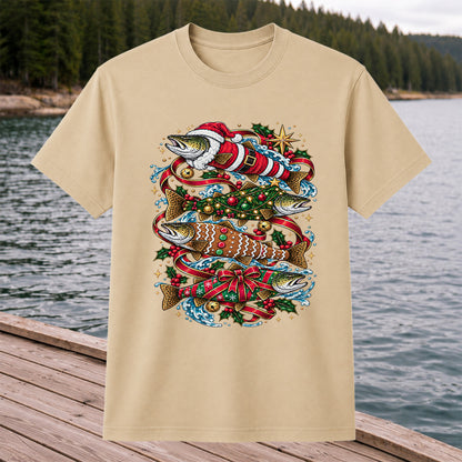Santa and Gingerbread Trout Christmas Fishing Graphic T-Shirt